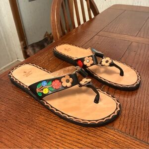 Handcrafted Tooled Leather Sandals Women’s 10 (USA) Floral Multicolor Mexico